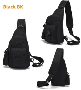 Detailed views of black tactical canvas chest bag with adjustable strap and mesh pocket
