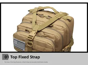 Tactical backpack top detail with Y-strap, durable buckles, and USA flag patch