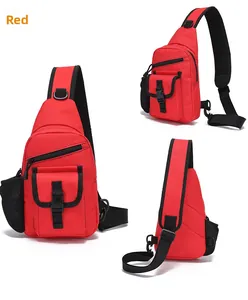 Detail view of red outdoor chest bag with multiple pockets and breathable mesh back