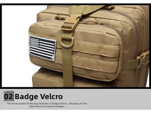 Macro detail of the tactical backpack Velcro system with an American flag patch on khaki nylon