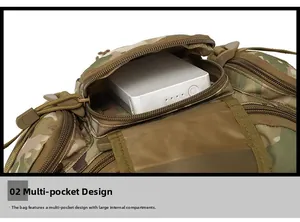 Detail of cammo tactical waist bag showing multi-pocket storage and large inner capacity