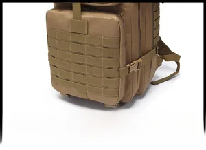 Detailed view of high-strength nylon MOLLE webbing and side buckle on tactical backpack