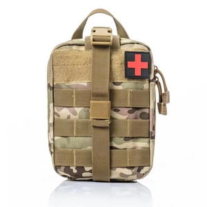 Detail of CP camo tactical medical pouch with red cross patch and MOLLE webbing system