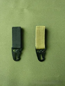 Close-up of tactical nylon molle webbing with metal eagle beak clips in black and green