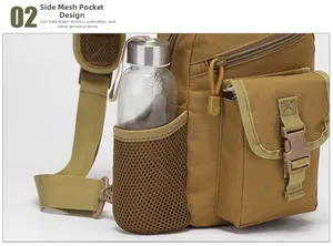 Detail view of khaki tactical shoulder bag side mesh pocket holding a water bottle
