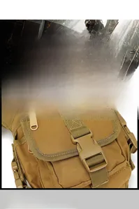 Close-up of tactical leg bag featuring heavy-duty buckle and reinforced nylon webbing strap