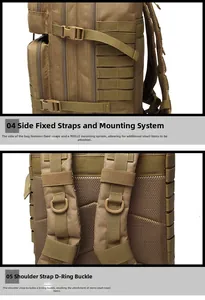 Detail of outdoor tactical backpack showing MOLLE system, adjustable buckles and D-rings
