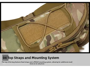 Detail of camouflage tactical bag featuring MOLLE system and top elastic cord