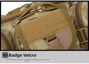 Detail view of tactical camo bag featuring large Velcro area and durable zippers