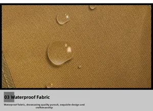 Macro shot of durable khaki waterproof fabric with water droplets on tactical bag
