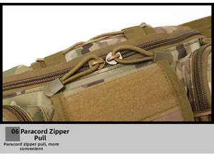 Macro detail of paracord zipper pull and velcro area on camo tactical waist bag