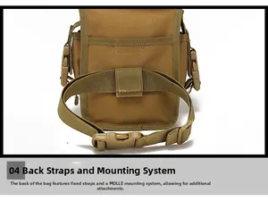 Detail of tactical leg bag with MOLLE system and adjustable buckle straps in khaki nylon