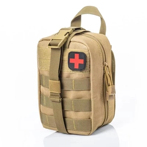 Khaki tactical medical IFAK pouch with MOLLE webbing and red cross patch for hiking