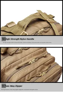 Detail of khaki tactical backpack featuring high-strength nylon handle and dual zipper system