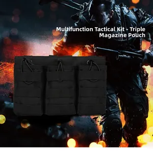 Tactical triple magazine pouch with elastic cords and Molle system in durable black nylon