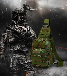 Tactical chest bag with MOLLE system in digital camouflage on a military background