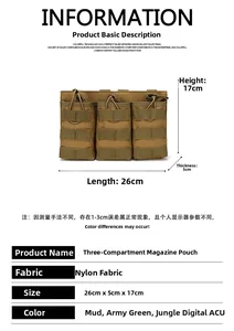 Detailed dimension layout of triple mag pouch with Molle webbing and elastic cords