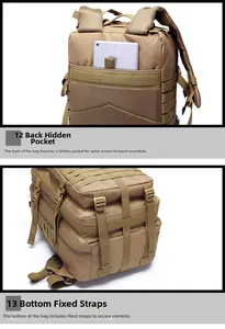 Tactical backpack detail showing hidden back pocket and bottom adjustable straps