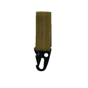 Outdoor tactical MOLLE keychain with green nylon webbing and metal eagle beak hook
