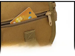 Detail of durable nylon tactical leg bag featuring smooth metal zipper and internal card slot