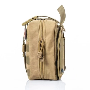 Side view of khaki tactical medical pouch with MOLLE straps and red cross patch