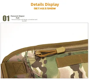 Détail de la tirette de fermeture en paracorde durable sur un sac tactique camouflage