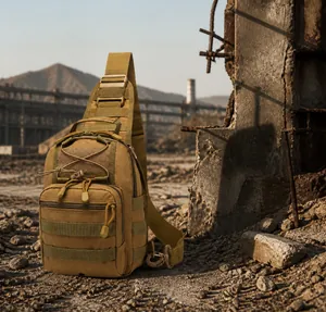 Tactical molle chest bag in tan color with bungee cord and multi-compartment nylon detail