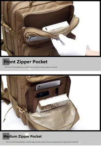 Tactical backpack internal storage view with multi-layer pockets for electronics and gear
