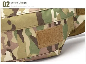 Détail du sac tactique camouflage avec une zone rectangulaire en patch Velcro