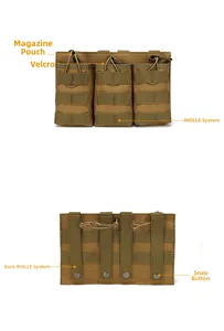 Detail view of Coyote Brown tactical triple mag pouch with Molle system and elastic cords