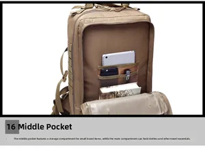 Close-up of tactical backpack inner compartments with mesh pockets for gadgets