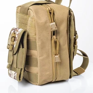 Tactical military waist bag side view with khaki nylon fabric and digital camo pattern details