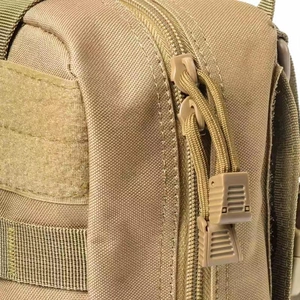 Macro detail of khaki tactical pouch showing MOLLE webbing and durable nylon fabric texture