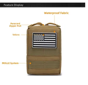 Detailansicht der taktischen Tasche in Coyote mit MOLLE-System und Klett-Flaggenpatch