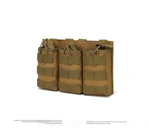 Tactical triple magazine pouch in coyote brown with MOLLE system and elastic cords