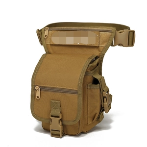 Tactical drop leg bag in khaki nylon with multi-pocket design and adjustable straps
