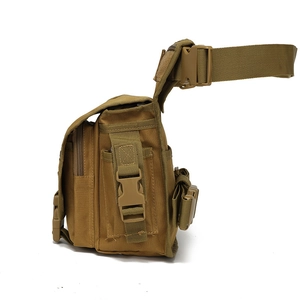 Waterproof tactical drop leg bag in khaki nylon with MOLLE system and multiple pockets