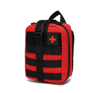 Tactical medical pouch with red nylon material and MOLLE system for outdoor survival kits