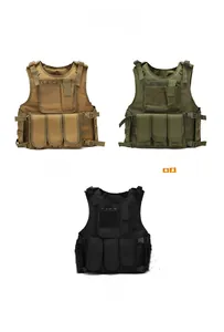 Tactical vest color options in tan, olive drab, and black with MOLLE system webbings