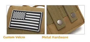 Detail der taktischen Tasche in Khaki mit Flaggen-Patch und stabilen Metalldruckknöpfen
