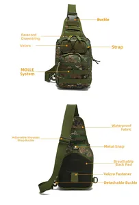 Detail of camouflage tactical chest bag showing MOLLE system and breathable mesh back