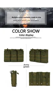 Army green triple magazine pouch with MOLLE system and elastic cord fasteners