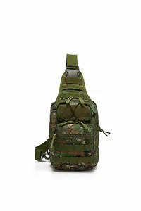 Detail of digital camouflage tactical chest bag showing MOLLE webbing and velcro area