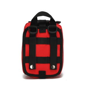 Detail view of red tactical pouch showing MOLLE straps, reinforced metal snaps and D-rings