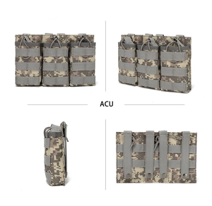 Tactical triple mag pouch in ACU camouflage showing MOLLE system and elastic cord details