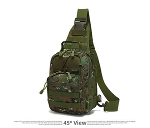 Detail view of digital camo tactical chest bag with MOLLE webbing and durable zipper compartments