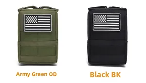 Detailansicht taktischer EDC-Taschen in Army Green und Schwarz mit MOLLE-System und Flaggen-Patch