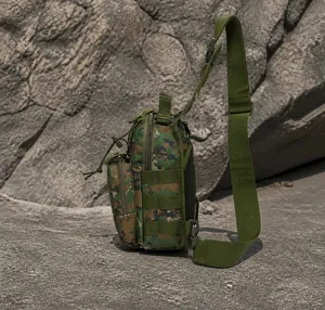 Detail view of digital camouflage tactical bag with MOLLE webbing and side zipper