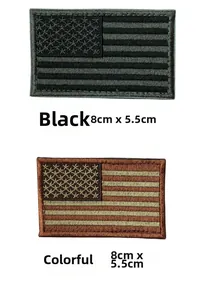 Detailed view of US flag embroidered patches in black and multicolor, size 8x5.5 cm
