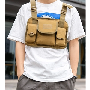Tactical outdoor chest bag in khaki nylon with adjustable H-straps and multiple pockets
